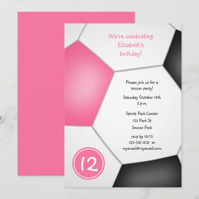 pink black girls soccer birthday party invitation (Front/Back)