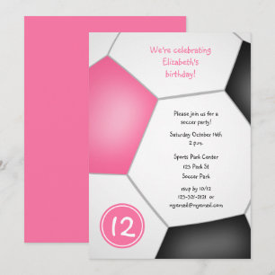 pink black girls soccer birthday party invitation