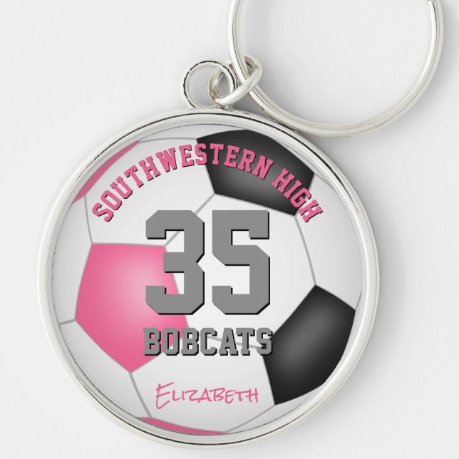 pink black girls sports soccer jersey number key ring (Front)