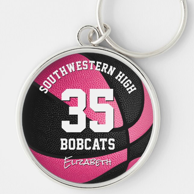 pink black girls sports team name basketball key ring (Front)