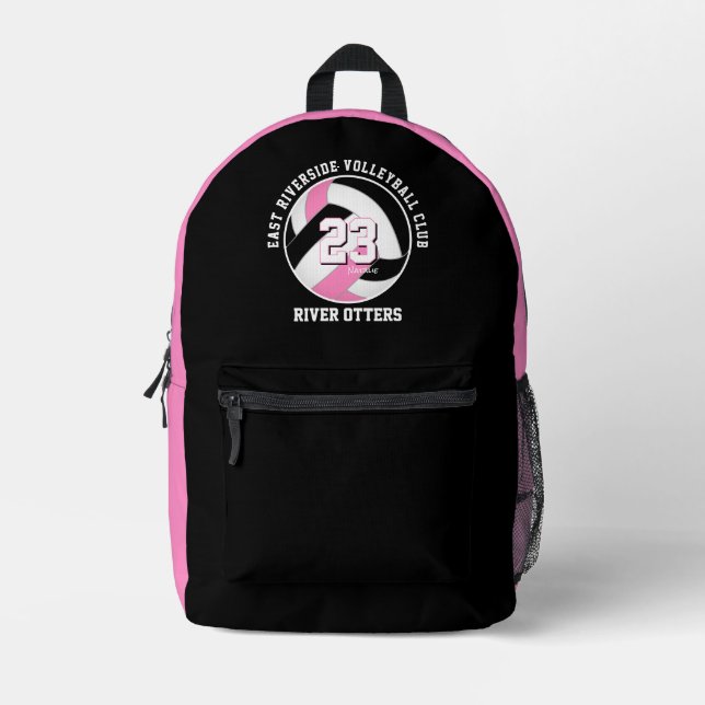 pink black girls teens volleyball team colours printed backpack (Front)