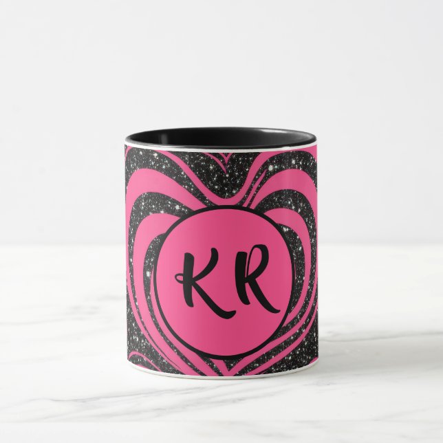 Pink Black Glam Abstract Heart Monogram Initials Mug (Center)
