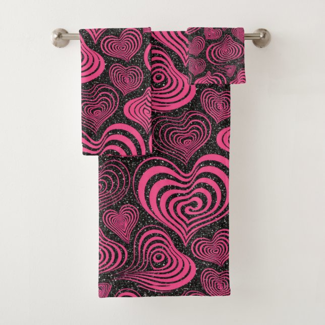 Pink Black Glam Abstract Heart Pattern Bath Towel Set (Insitu)