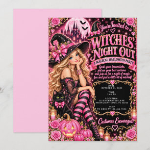 Pink Black Glam Witches' Night Out Halloween Party Invitation