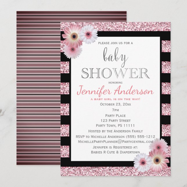 Pink Black Glamour Stripe Baby Shower Invitation (Front/Back)