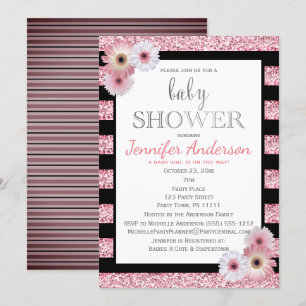 Pink Black Glamour Stripe Baby Shower Invitation