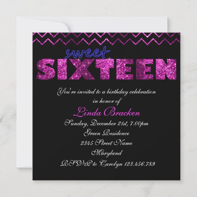 Pink Black Glitter Chevron Sweet Sixteen Invite (Front)