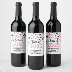 Pink Black Glitter Class of 2025 Graduation Wine Label