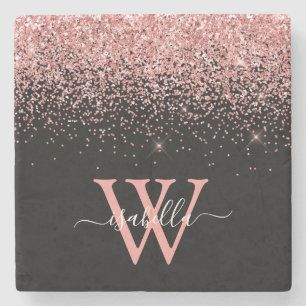 Pink Black Glitter Elegant Script Name Monogram Stone Coaster