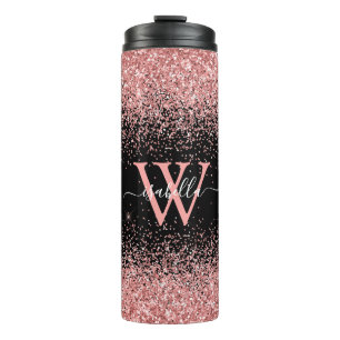 Pink Black Glitter Elegant Script Name Monogram Thermal Tumbler