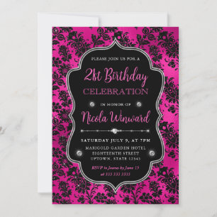 Pink & Black Glitter Flowers Damask 21st Birthday Invitation