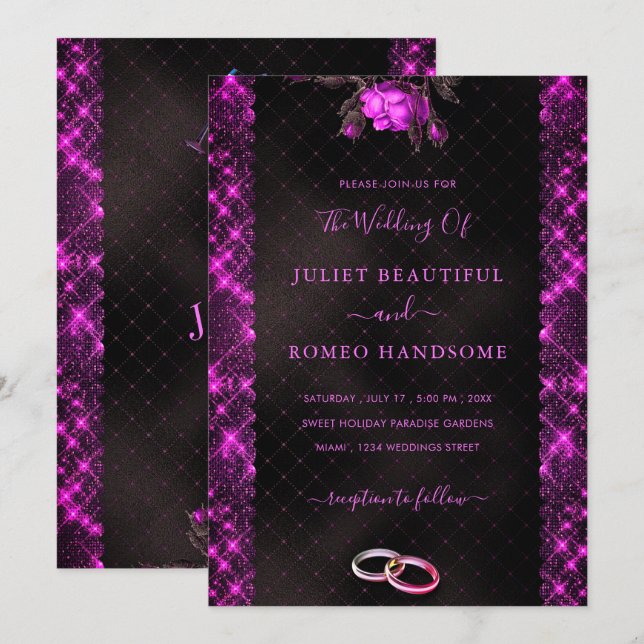 Pink Black Glitter Frame Modern Wedding Invitation (Front/Back)