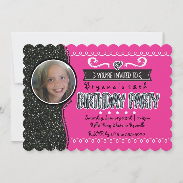 Pink & Black Glitter Girls Party Photo Invitations (Front)