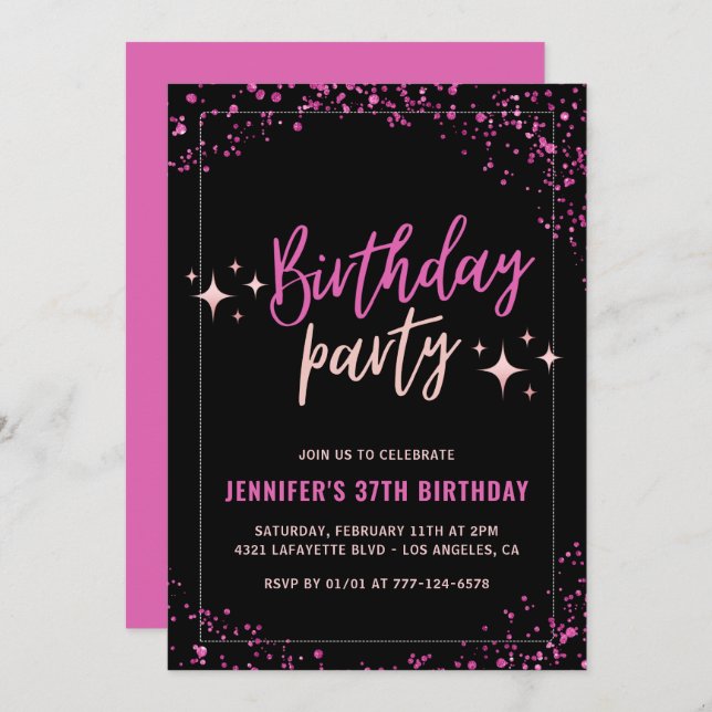 Pink Black Glitter  Glam 37th birthday Party Invitation (Front/Back)