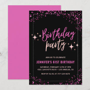 Pink Black Glitter Glam 61st birthday Party Invitation