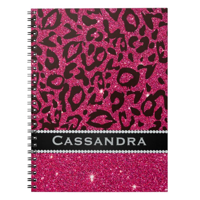 Pink & Black Glitter Leopard Print Diamonds Name Notebook (Front)