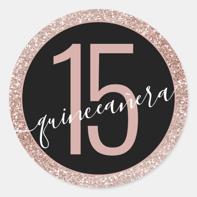 Pink Black Glitter Modern 15th Quinceañera  Classic Round Sticker (Front)