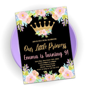 Pink Black Glitter Princess Birthday Invitations
