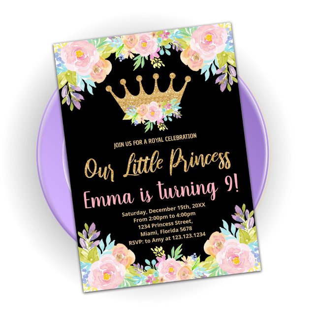 Pink Black Glitter Princess Birthday Invitations (Creator Uploaded)