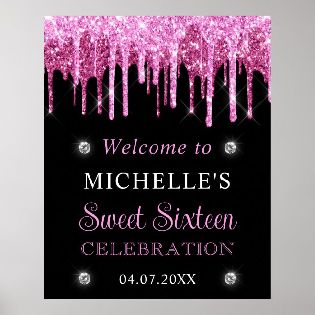Pink & Black Glitter Sweet 16 Welcome Sign (Front)