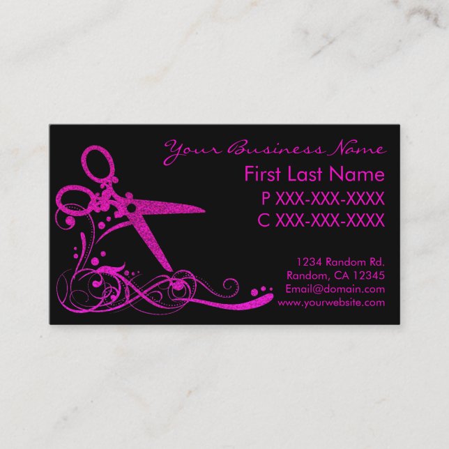 Pink black glitter swirl hair cut business cards (Front)