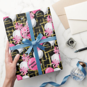 Pink black gold Birthday Balloon party wrap Wrapping Paper