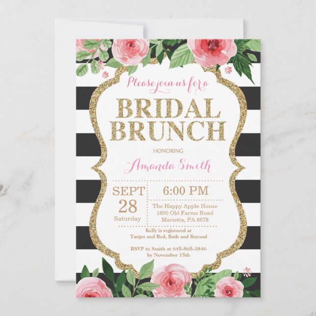 Pink Black Gold Bridal Brunch Invitation Floral (Front)