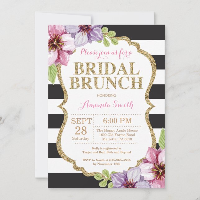 Pink Black Gold Bridal Brunch Invitation Floral (Front)