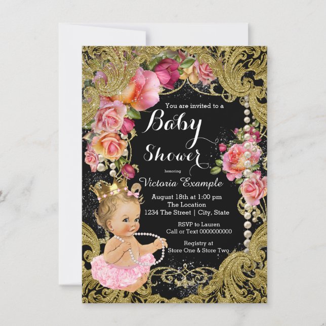 Pink Black Gold Chintz Rose Pearl Baby Shower Invitation (Front)