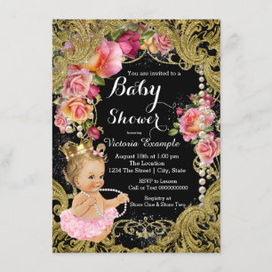 Pink Black Gold Chintz Rose Pearl Baby Shower Invitation