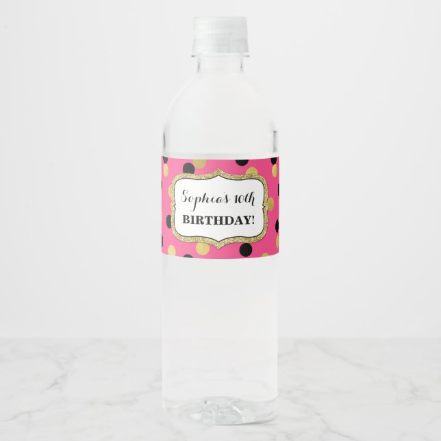 Pink Black Gold Confetti Custom Birthday Party Water Bottle Label (Front)