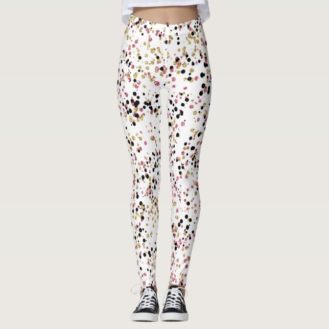 Pink Black Gold Confetti Dots Leggings (Front)
