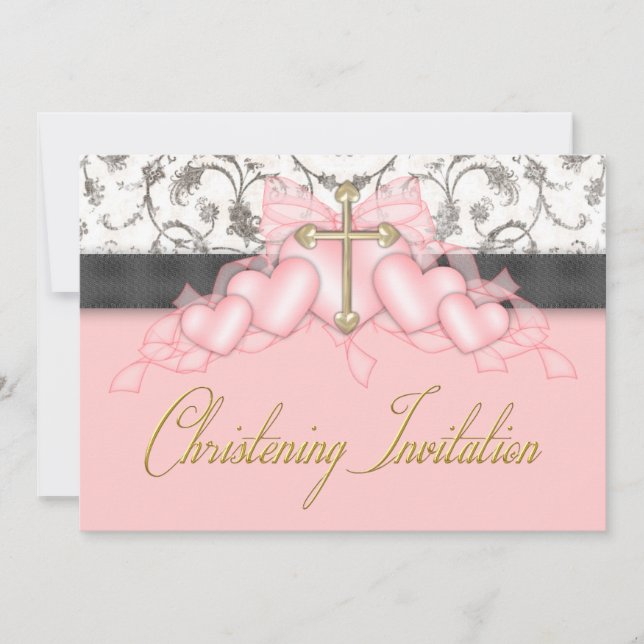 Pink Black Gold Cross Girls Pink Christening Invitation (Front)