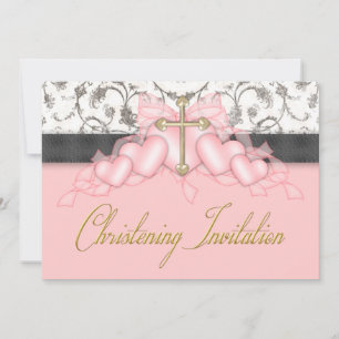 Pink Black Gold Cross Girls Pink Christening Invitation