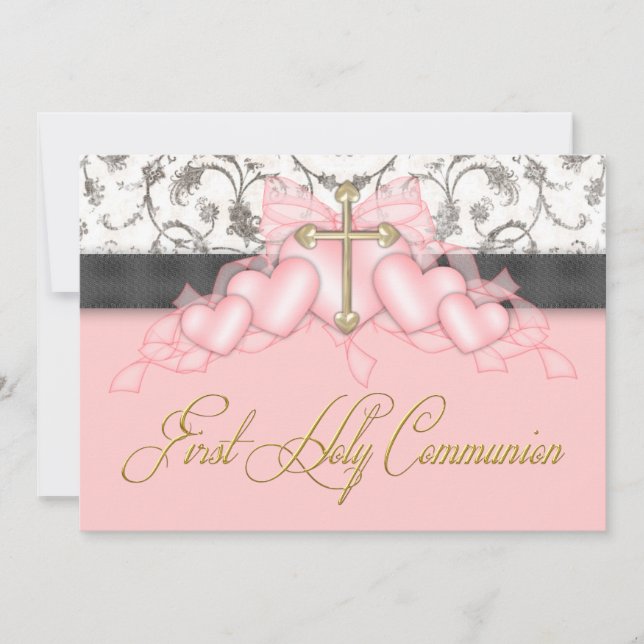 Pink Black Gold Cross Girls Pink First Communion Invitation (Front)