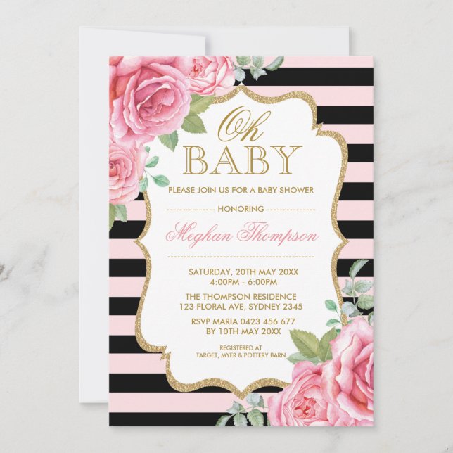 Pink Black Gold Floral Rose Girl Baby Shower Invitation (Front)
