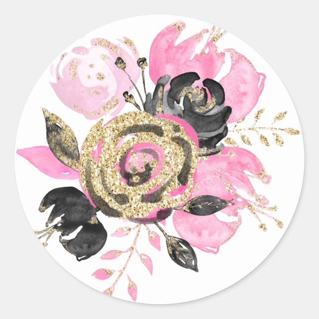 Pink, Black, Gold Floral Wedding Sticker (Front)