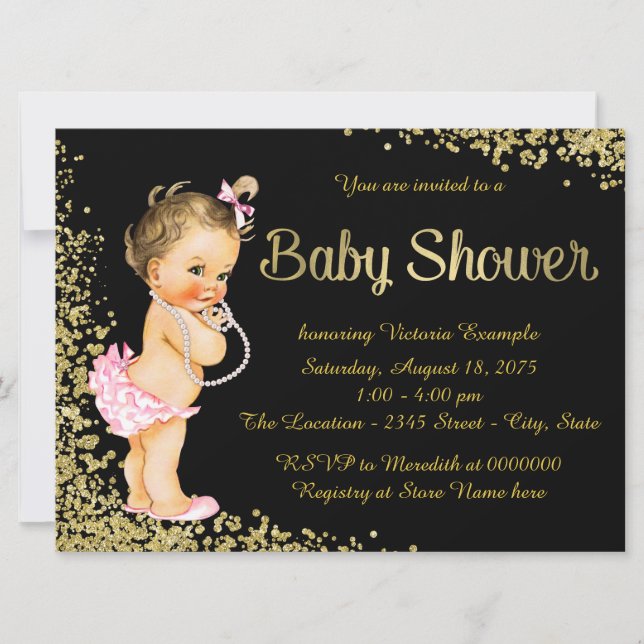 Pink Black Gold Foil Glitter Girl Baby Shower Invitation (Front)