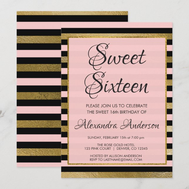 Pink Black Gold Foil Stripe Sweet 16 Birthday Invitation (Front/Back)
