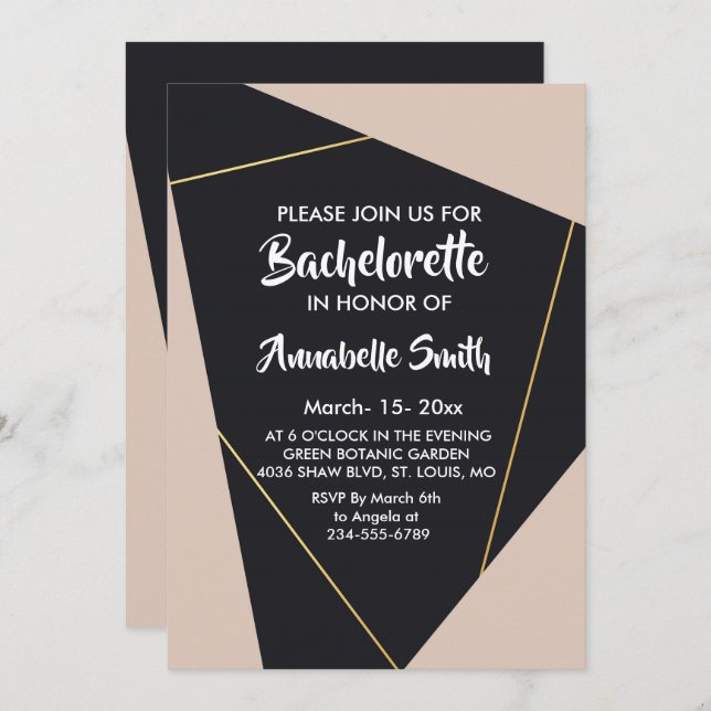 Pink black  & gold geometric  bachelor invitation (Front/Back)