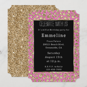 Pink Black Gold Glam Glitter Leopard Invitation