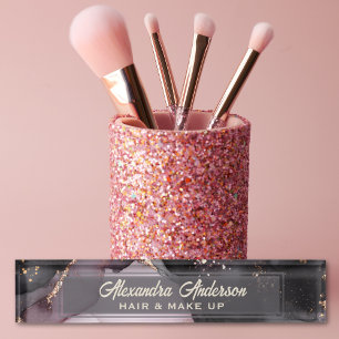Pink Black Gold Glitter Agate Marble Abstract Nameplate