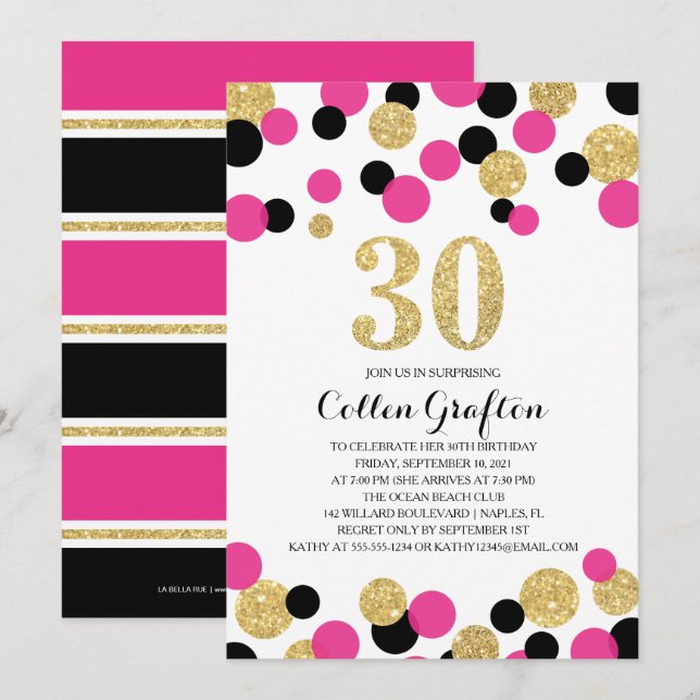 Pink, Black & Gold Glitter Confetti 30th Birthday Invitation (Front/Back)