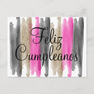 Pink Black Gold Glitter Feliz Cumpleanos Postcard