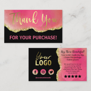 Pink Black Gold Glitter Foil Agate Thank You Business Card