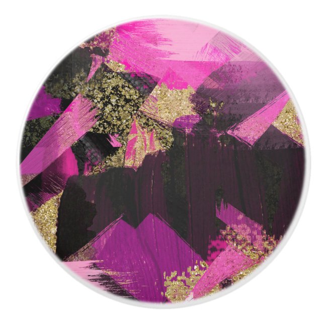 Pink Black Gold Glitter Modern Brush Glam Grunge Ceramic Knob (Front)