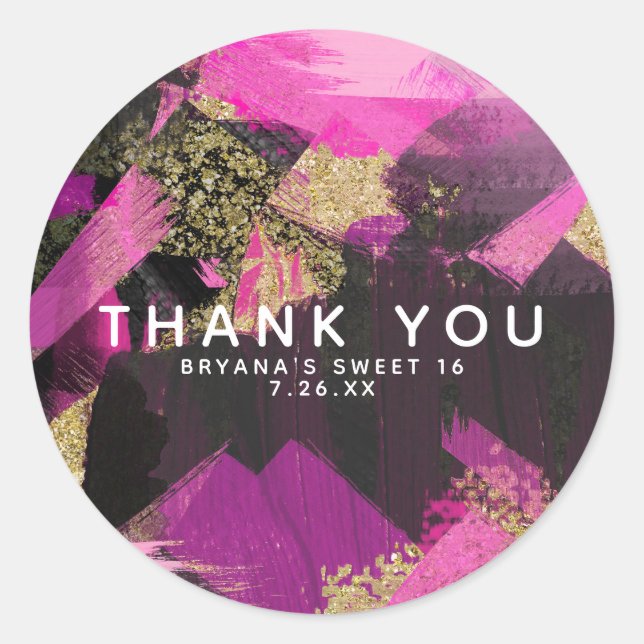 Pink Black Gold Glitter Modern Brush Glam Grunge Classic Round Sticker (Front)