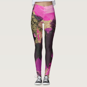 Pink Black Gold Glitter Modern Brush Glam Grunge Leggings