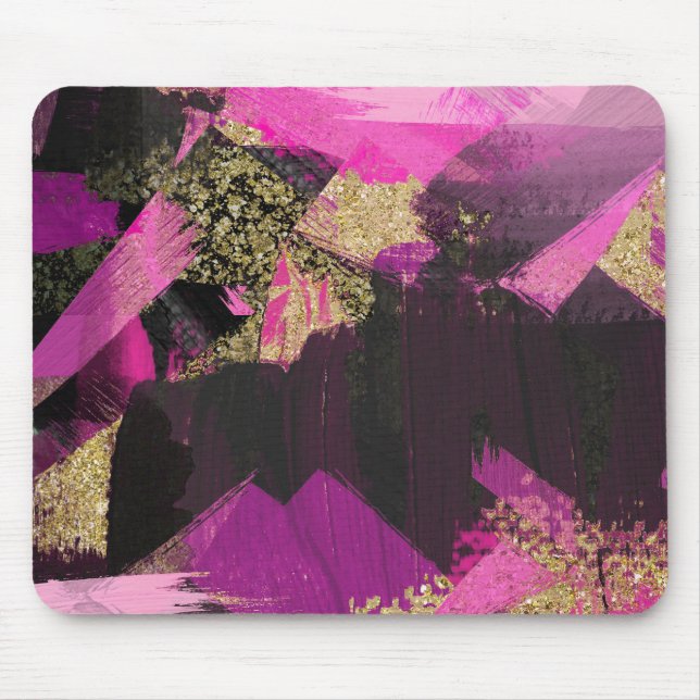 Pink Black Gold Glitter Modern Brush Glam Grunge Mouse Mat (Front)