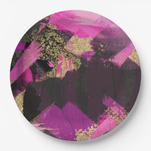 Pink Black Gold Glitter Modern Brush Glam Grunge Paper Plate